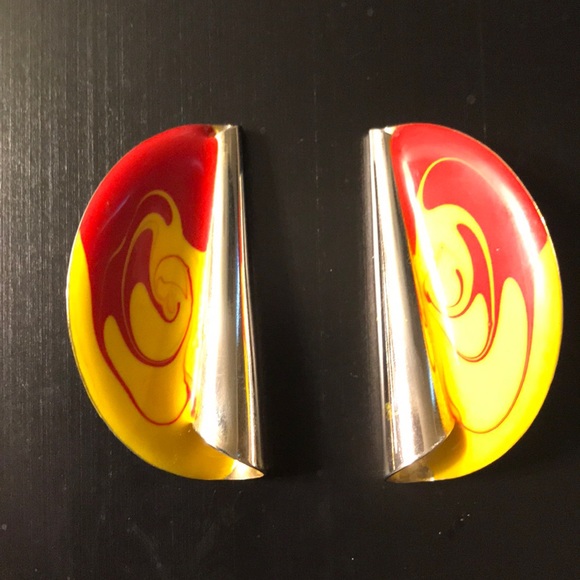 Unique Red and Yellow/Gold Enamel Stud Earrings - Picture 1 of 3